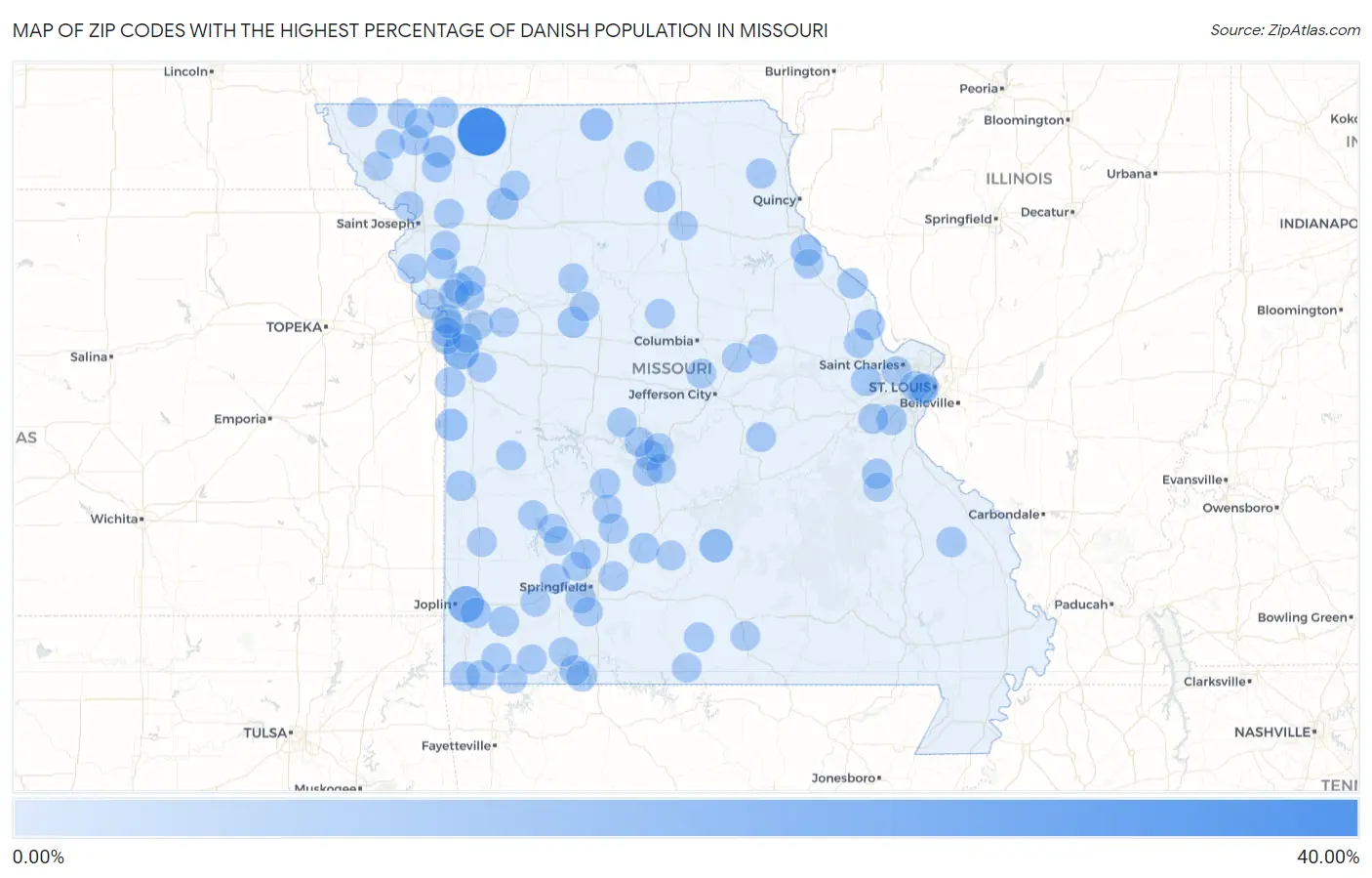 Zip Codes with the Highest Percentage of Danish Population in Missouri Map
