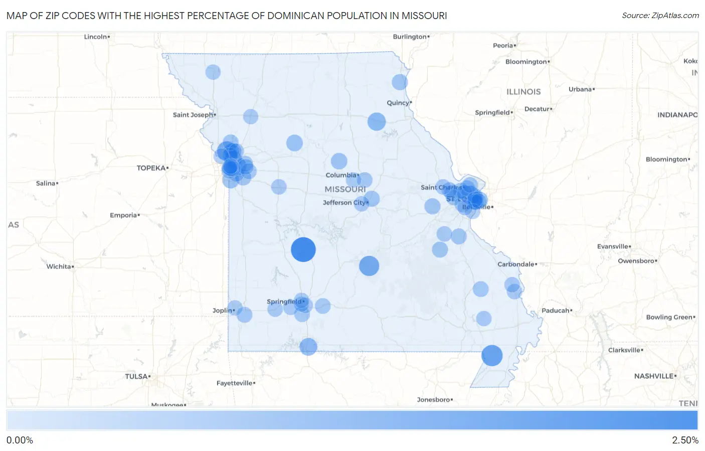 Zip Codes with the Highest Percentage of Dominican Population in Missouri Map