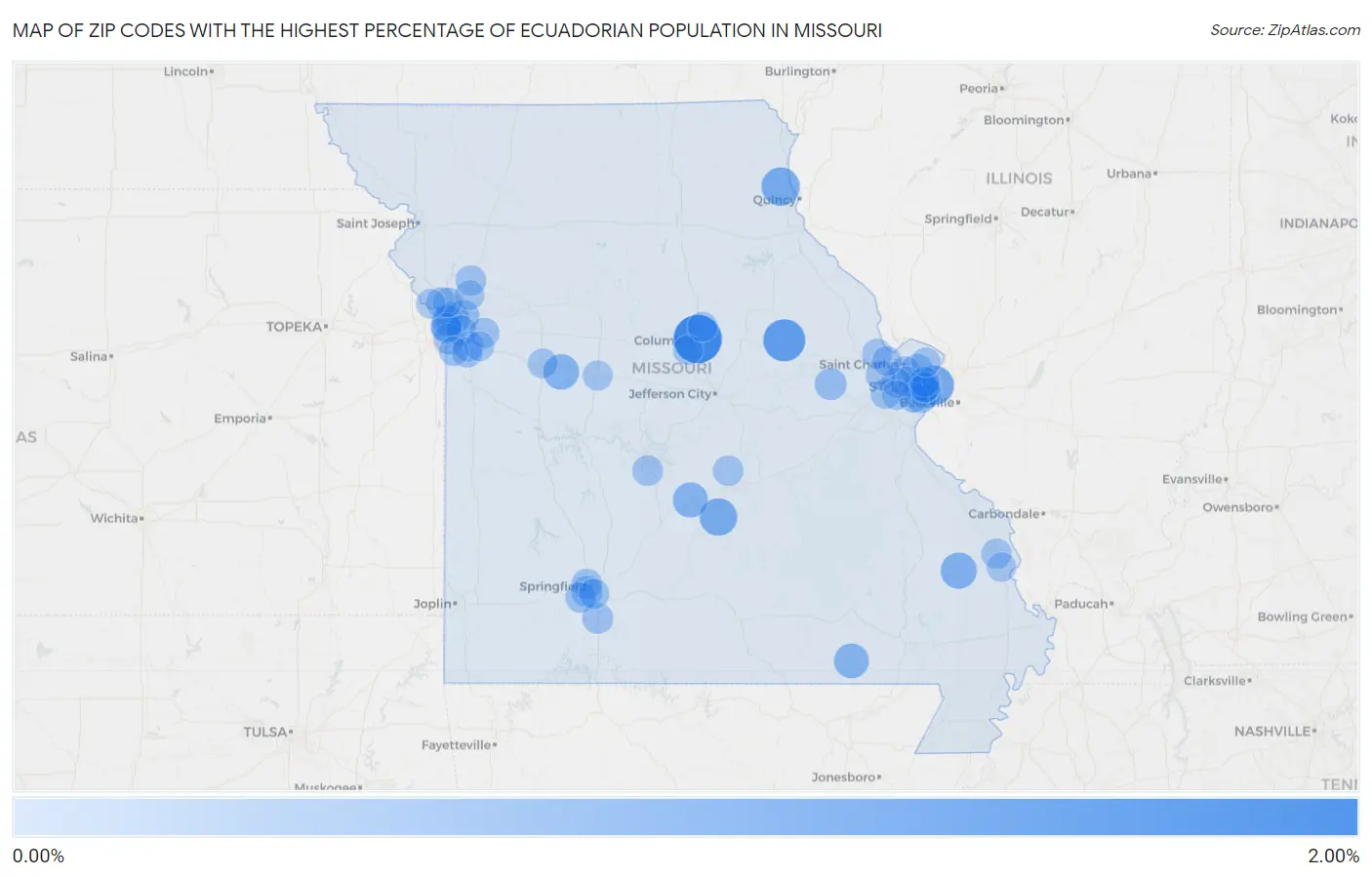 Zip Codes with the Highest Percentage of Ecuadorian Population in Missouri Map