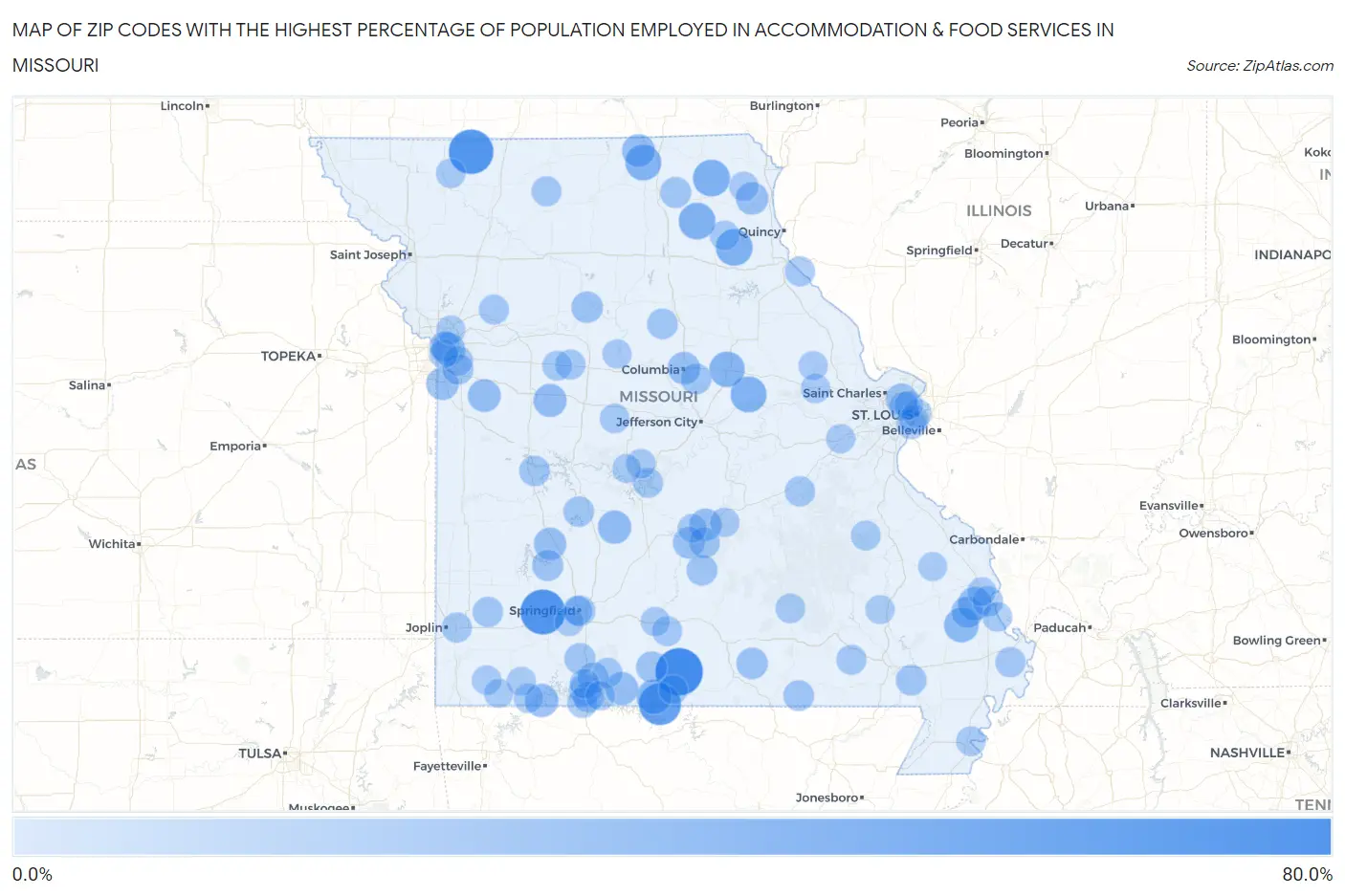 Zip Codes with the Highest Percentage of Population Employed in Accommodation & Food Services in Missouri Map