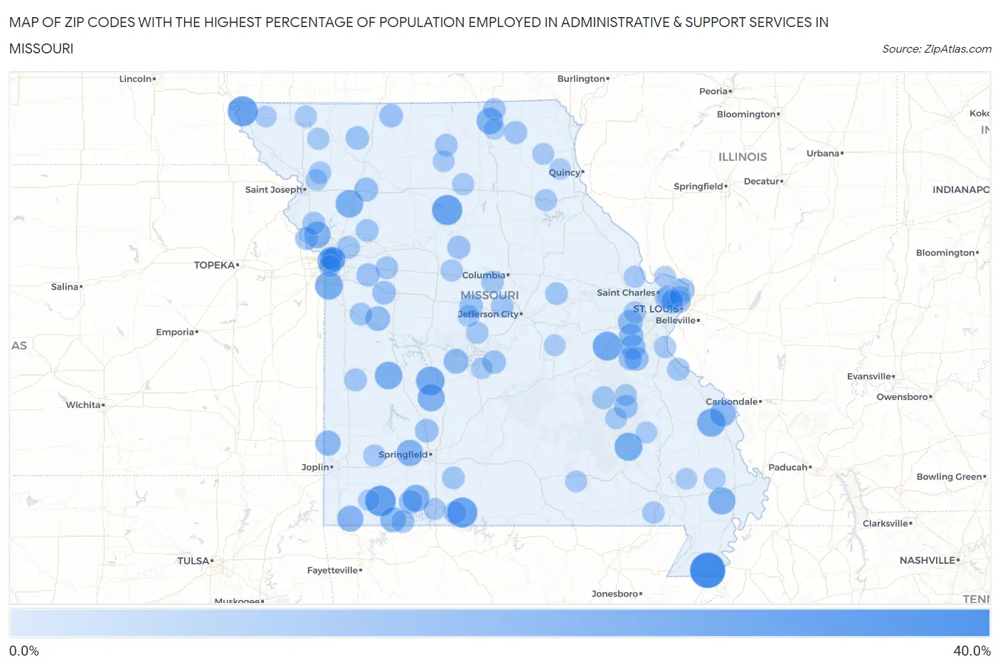 Zip Codes with the Highest Percentage of Population Employed in Administrative & Support Services in Missouri Map