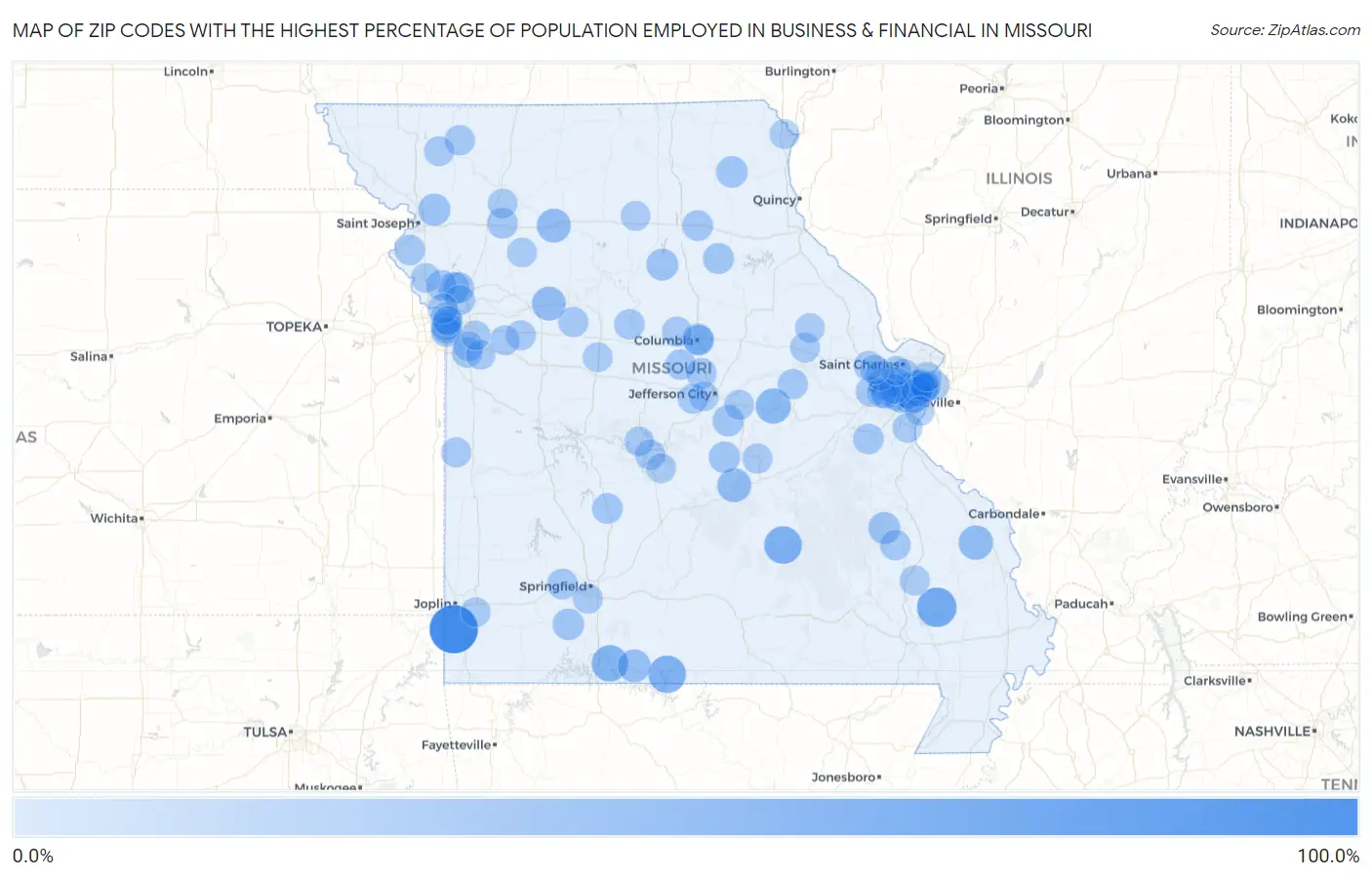 Zip Codes with the Highest Percentage of Population Employed in Business & Financial in Missouri Map