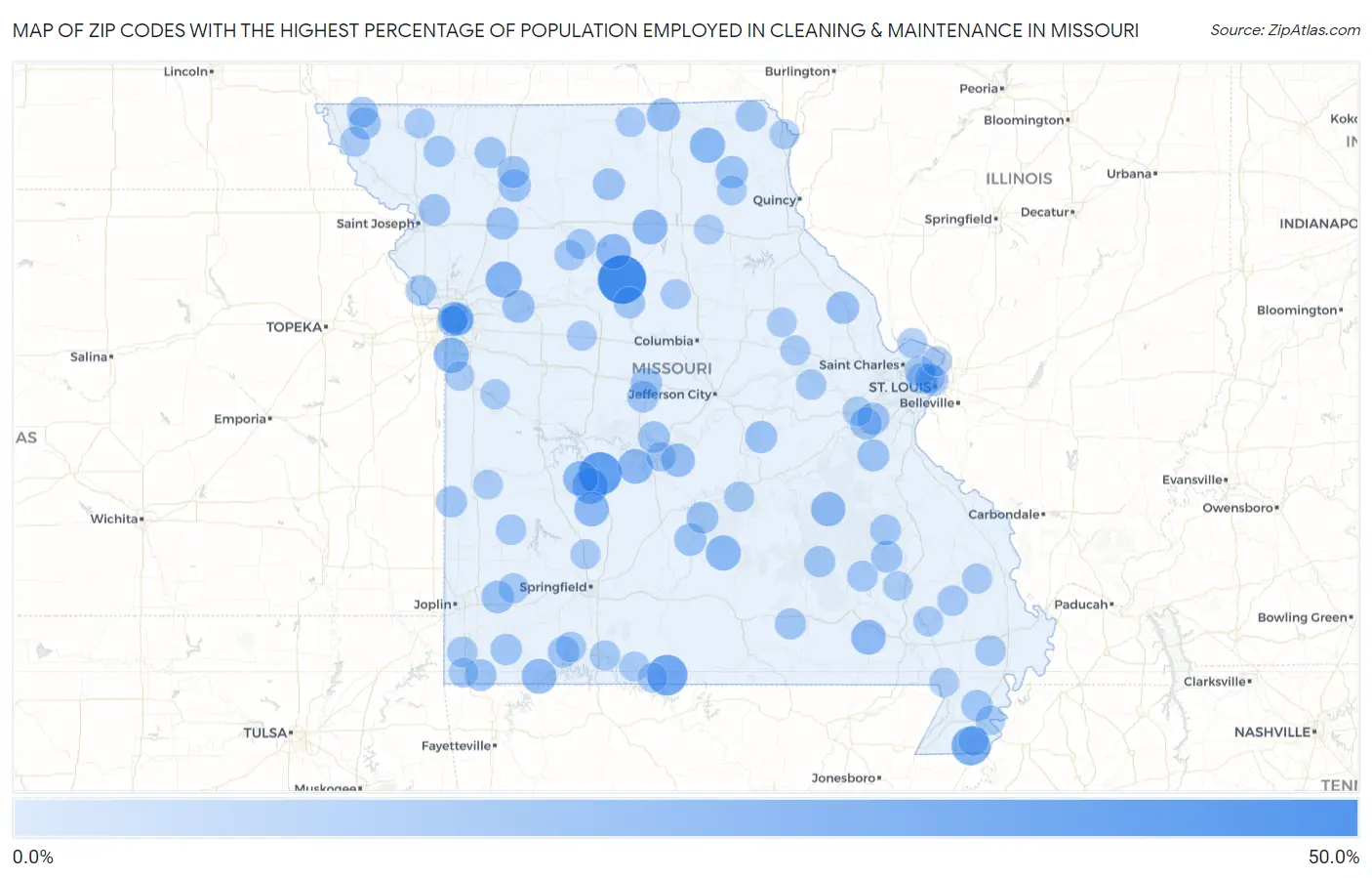 Zip Codes with the Highest Percentage of Population Employed in Cleaning & Maintenance in Missouri Map