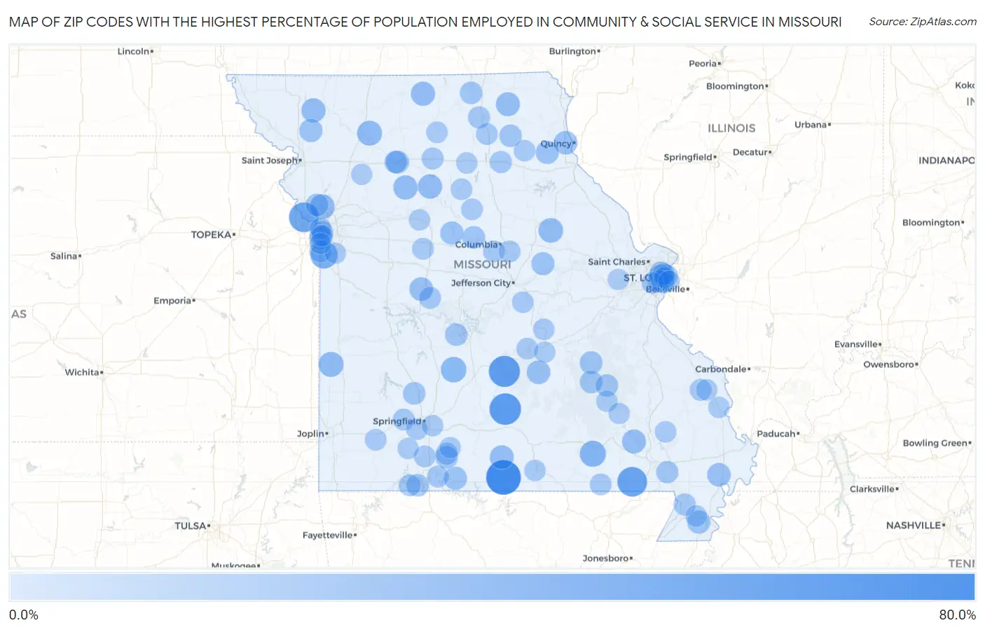 Zip Codes with the Highest Percentage of Population Employed in Community & Social Service  in Missouri Map