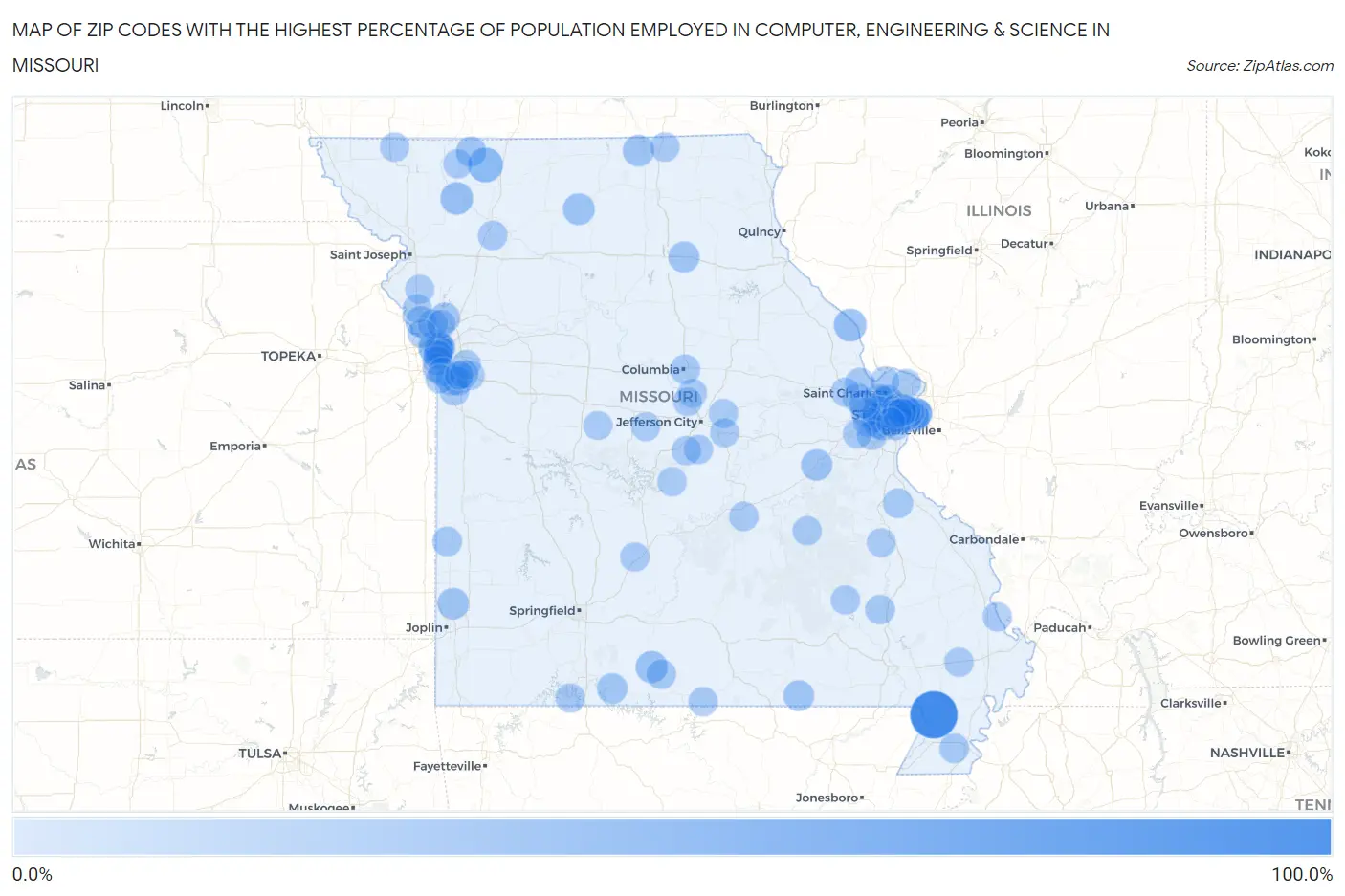Zip Codes with the Highest Percentage of Population Employed in Computer, Engineering & Science in Missouri Map