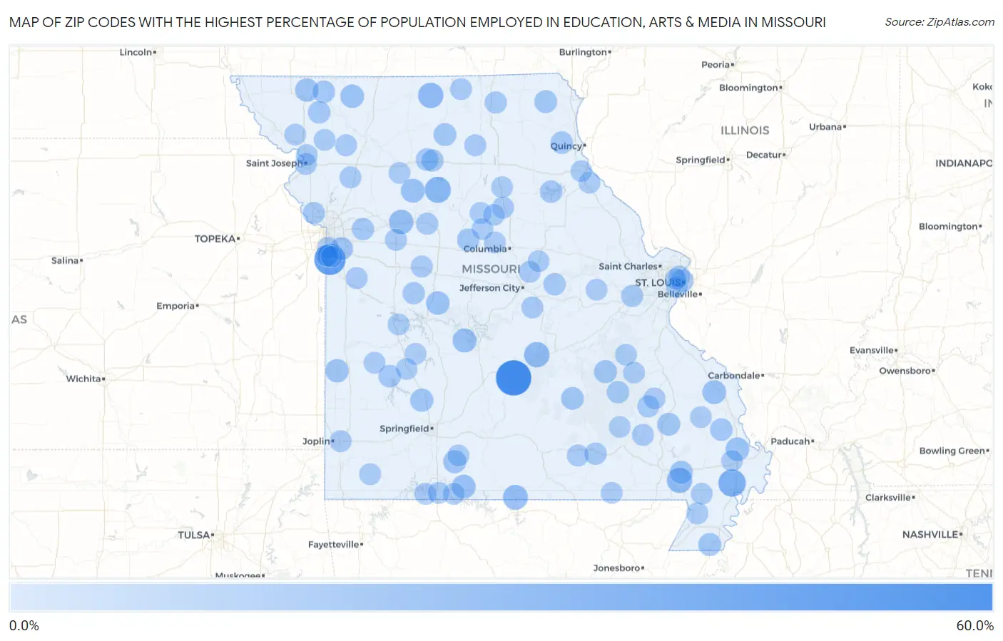 Zip Codes with the Highest Percentage of Population Employed in Education, Arts & Media in Missouri Map
