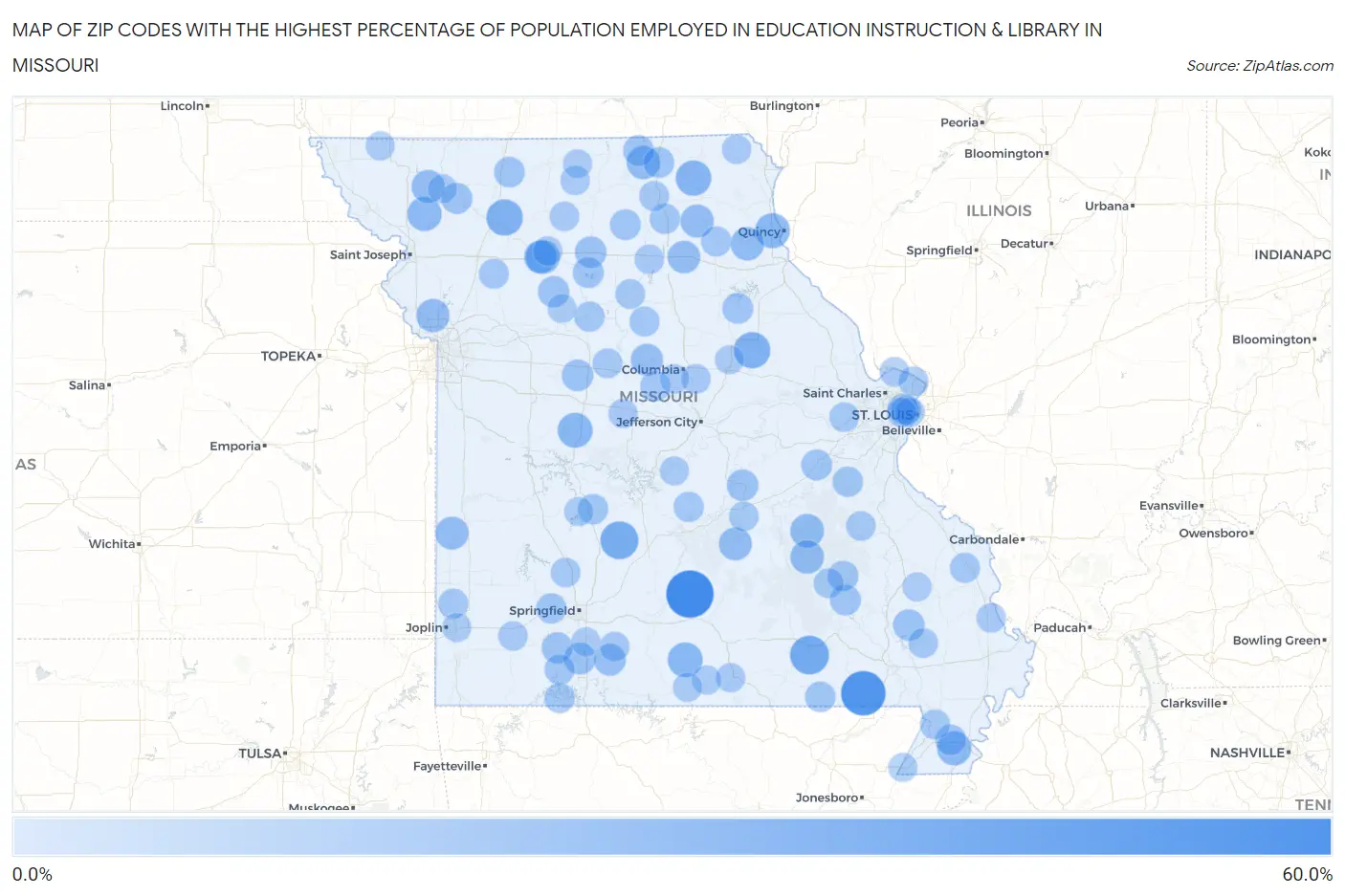 Zip Codes with the Highest Percentage of Population Employed in Education Instruction & Library in Missouri Map