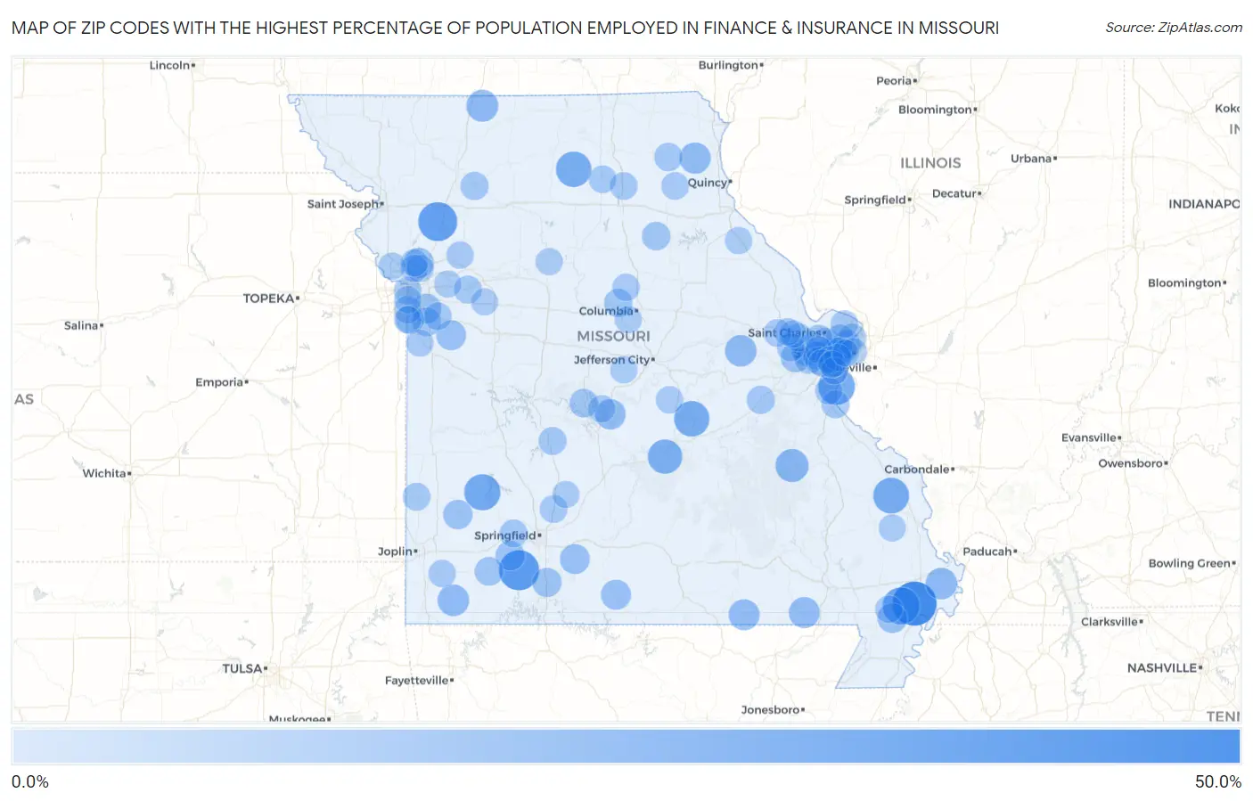 Zip Codes with the Highest Percentage of Population Employed in Finance & Insurance in Missouri Map