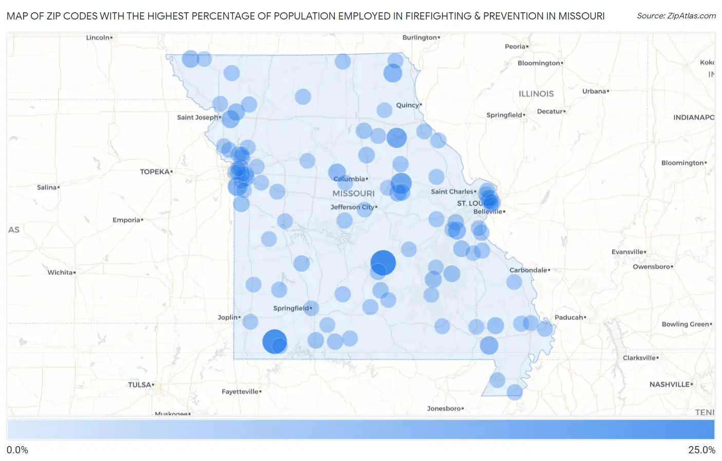 Zip Codes with the Highest Percentage of Population Employed in Firefighting & Prevention in Missouri Map