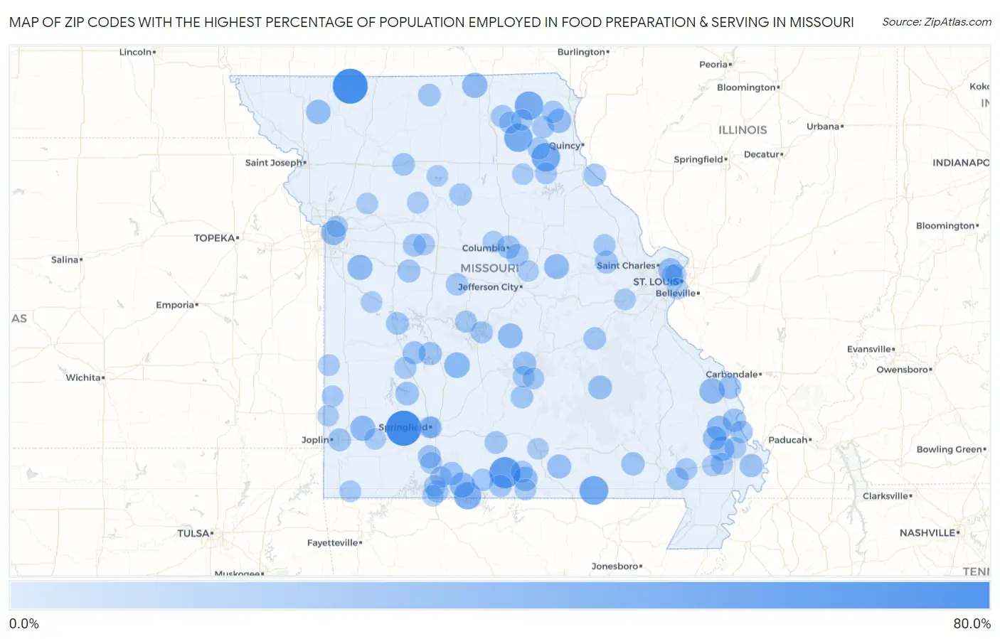 Zip Codes with the Highest Percentage of Population Employed in Food Preparation & Serving in Missouri Map