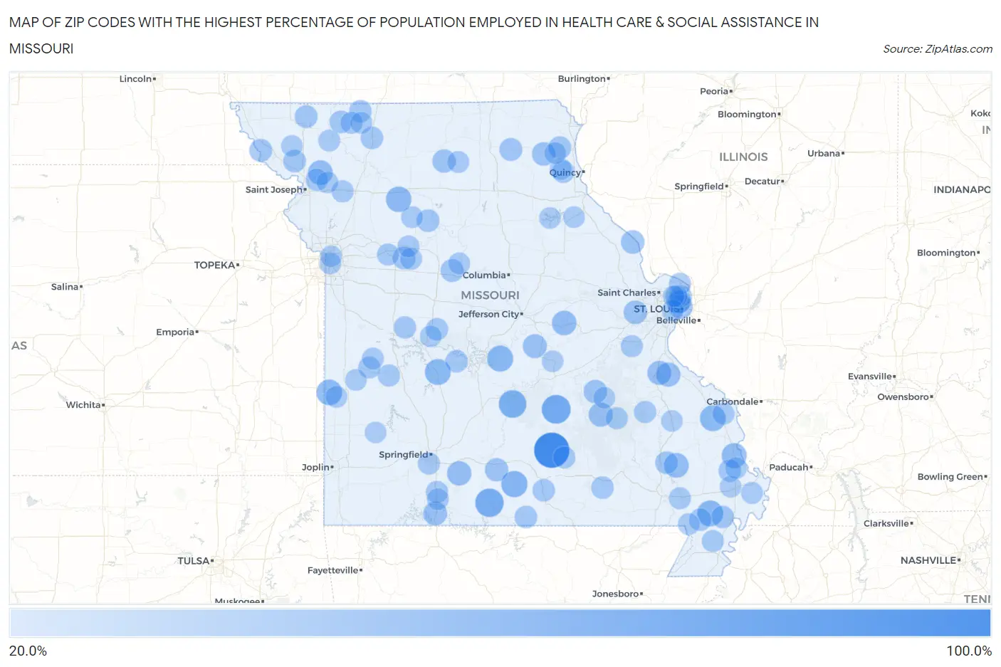 Zip Codes with the Highest Percentage of Population Employed in Health Care & Social Assistance in Missouri Map