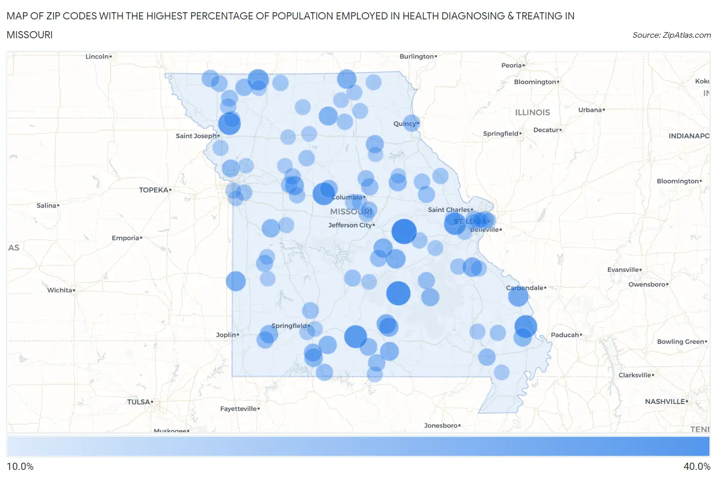 Zip Codes with the Highest Percentage of Population Employed in Health Diagnosing & Treating in Missouri Map