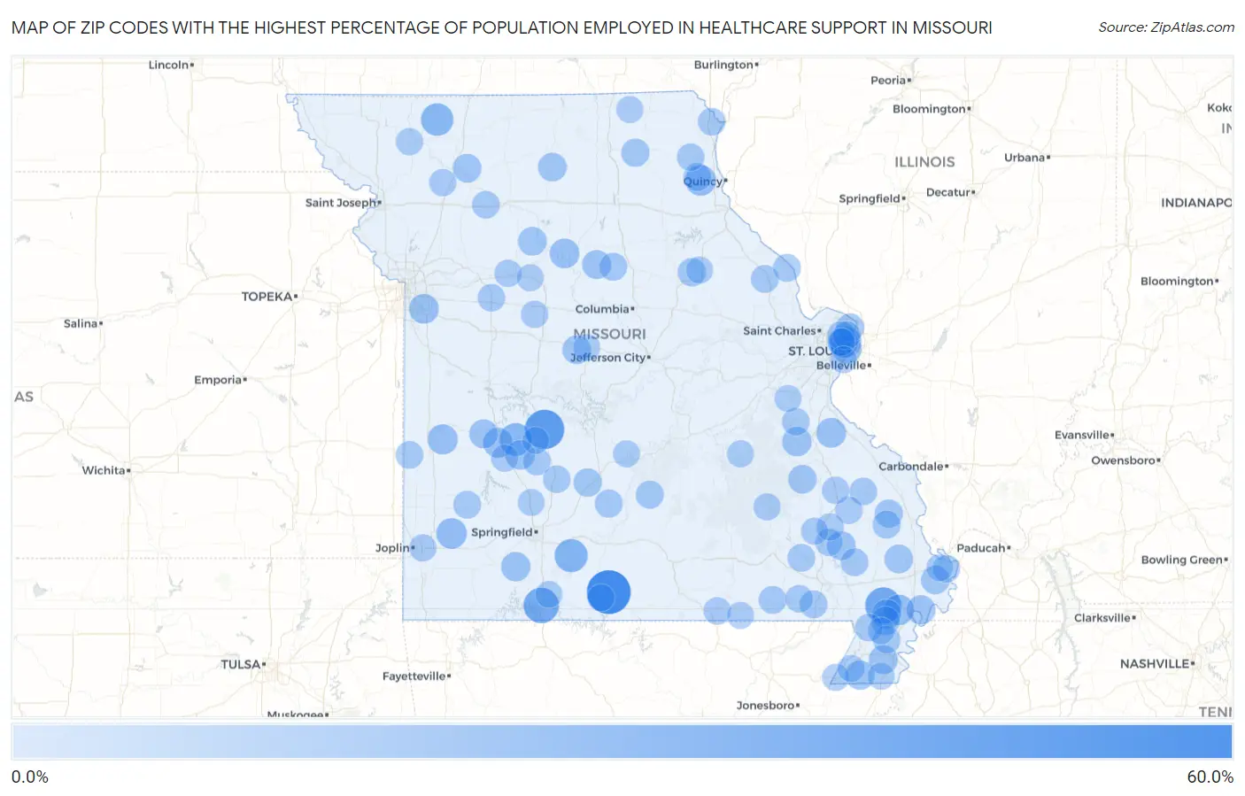 Zip Codes with the Highest Percentage of Population Employed in Healthcare Support in Missouri Map