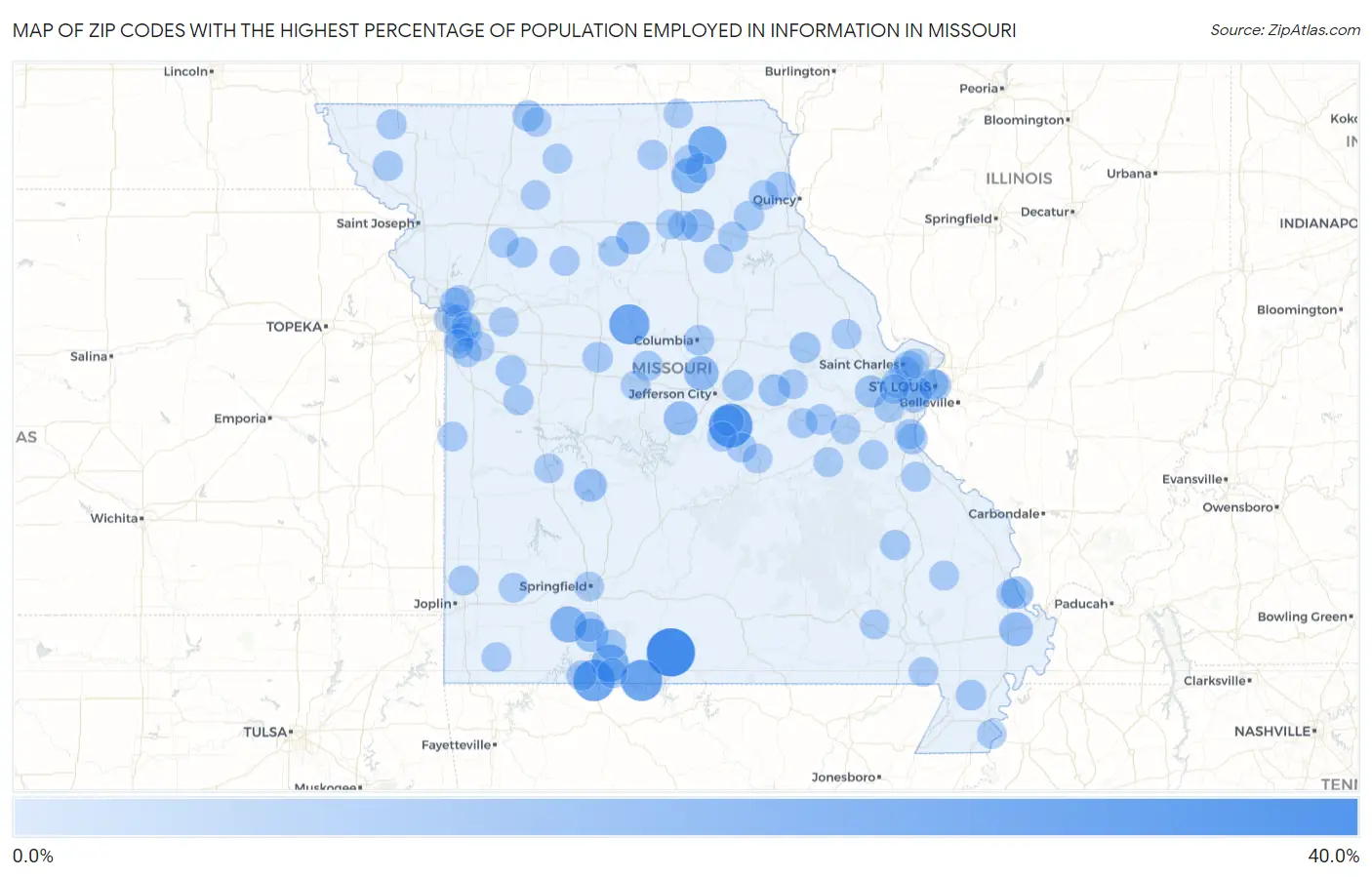 Zip Codes with the Highest Percentage of Population Employed in Information in Missouri Map