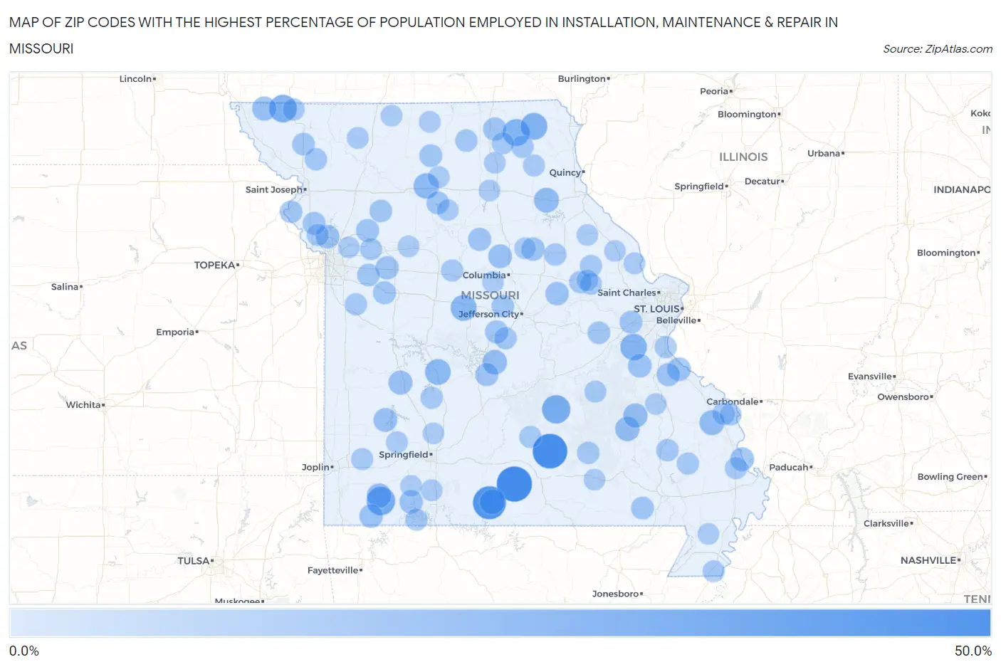 Zip Codes with the Highest Percentage of Population Employed in Installation, Maintenance & Repair in Missouri Map