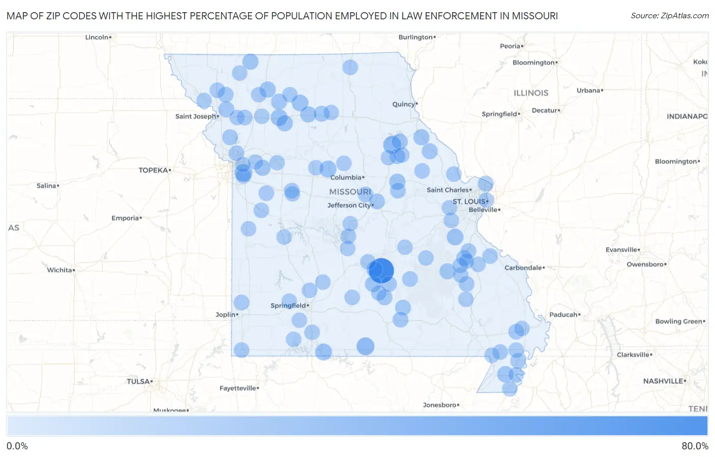 Zip Codes with the Highest Percentage of Population Employed in Law Enforcement in Missouri Map