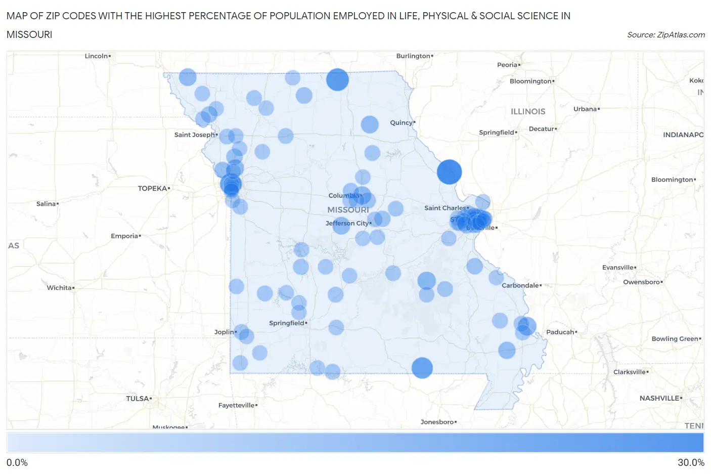 Zip Codes with the Highest Percentage of Population Employed in Life, Physical & Social Science in Missouri Map