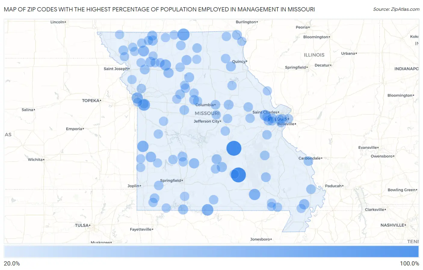 Zip Codes with the Highest Percentage of Population Employed in Management in Missouri Map