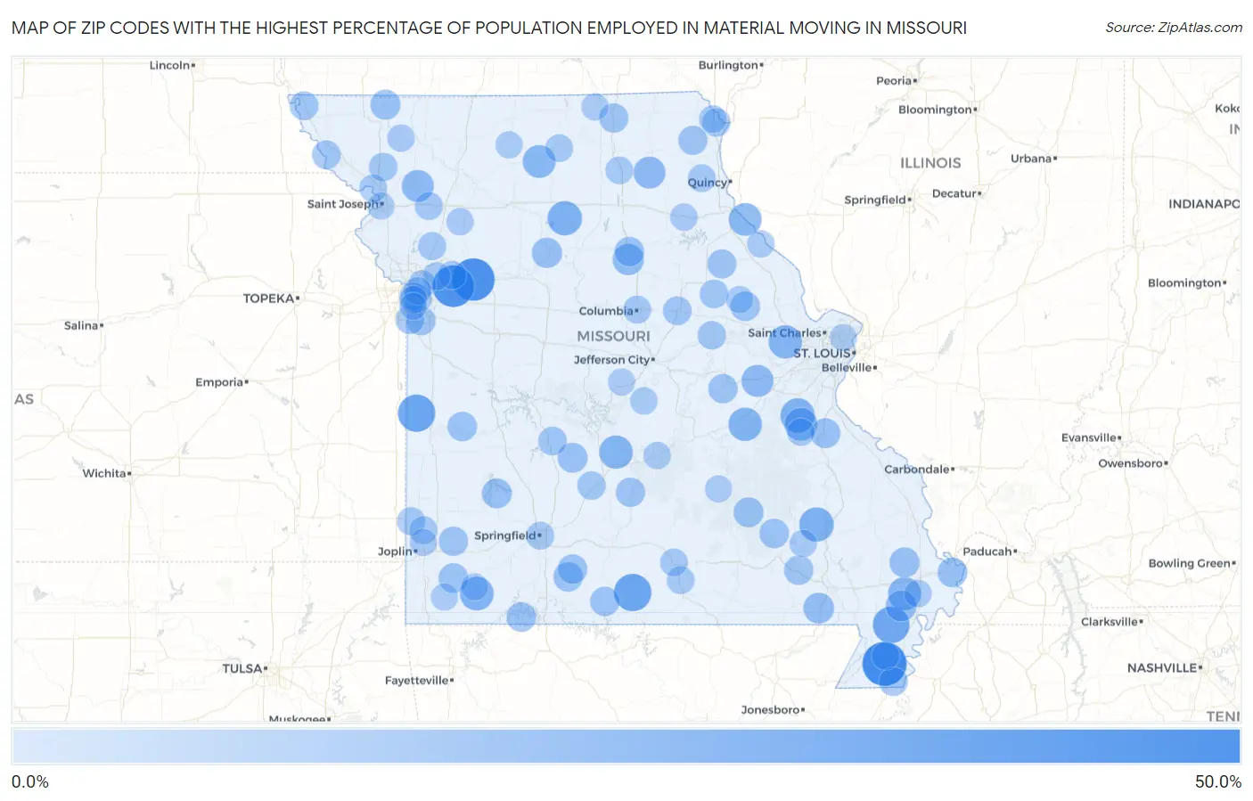 Zip Codes with the Highest Percentage of Population Employed in Material Moving in Missouri Map