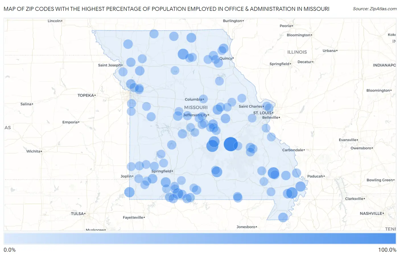 Zip Codes with the Highest Percentage of Population Employed in Office & Administration in Missouri Map