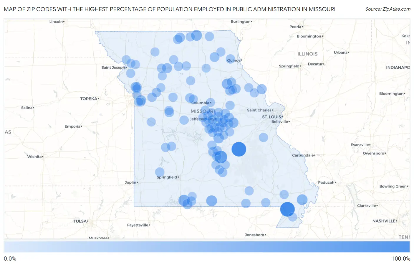 Zip Codes with the Highest Percentage of Population Employed in Public Administration in Missouri Map