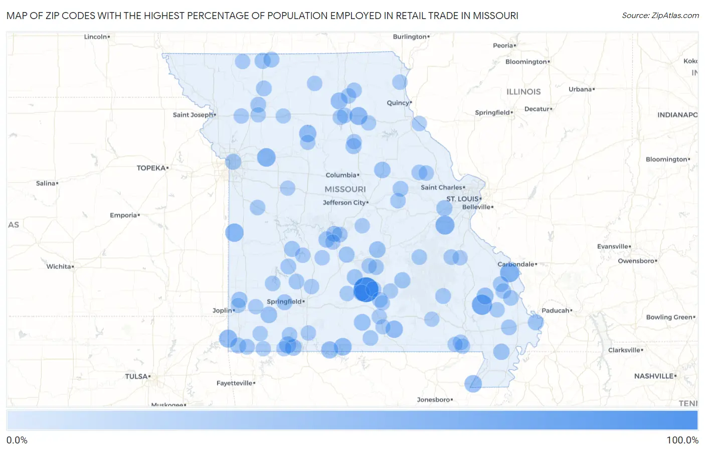 Zip Codes with the Highest Percentage of Population Employed in Retail Trade in Missouri Map