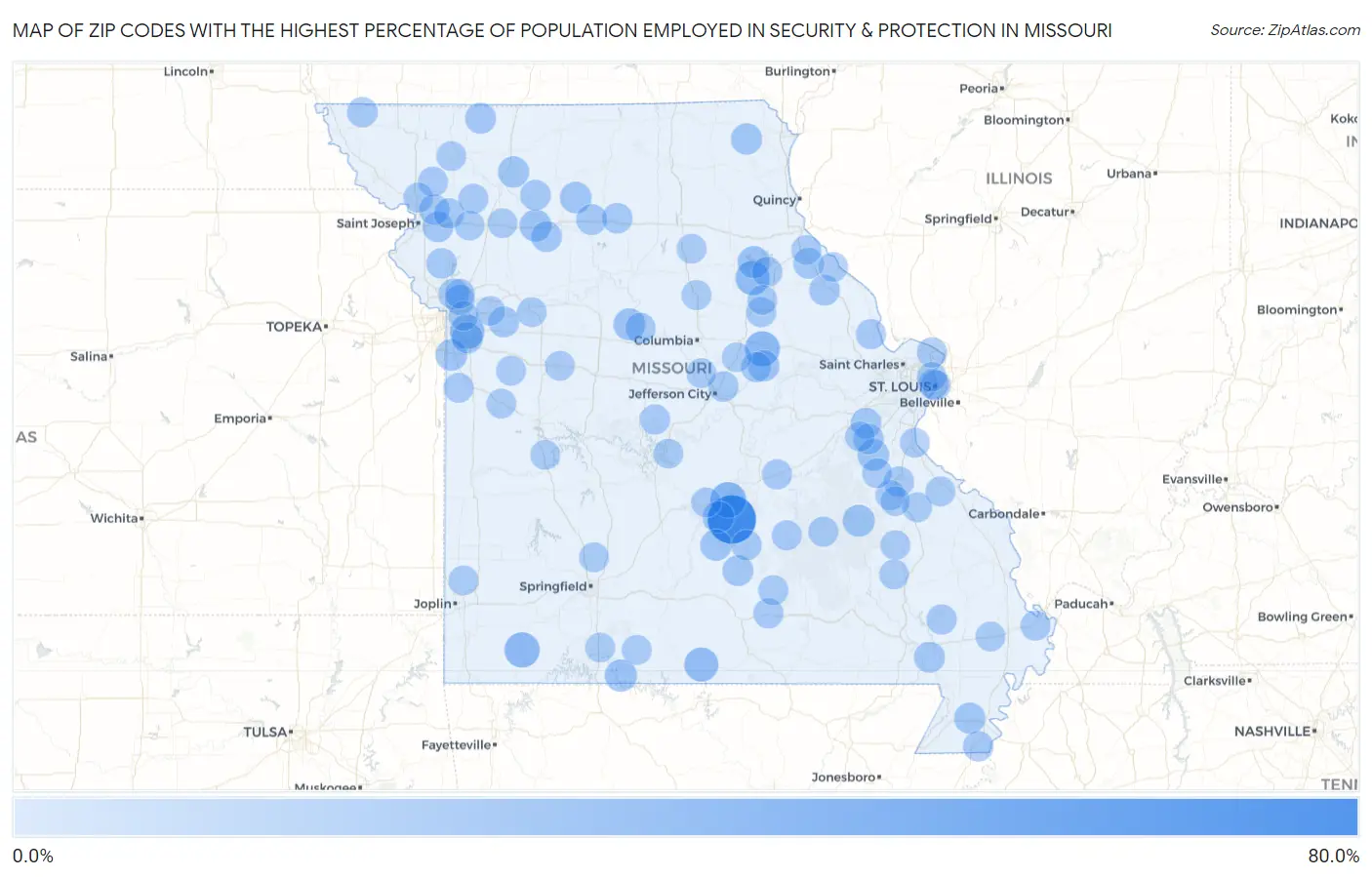 Zip Codes with the Highest Percentage of Population Employed in Security & Protection in Missouri Map