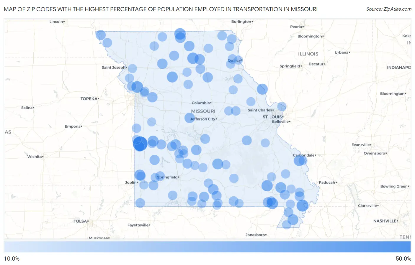 Zip Codes with the Highest Percentage of Population Employed in Transportation in Missouri Map