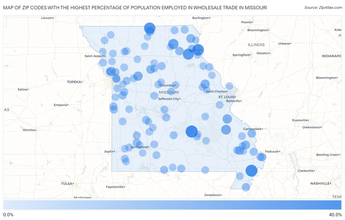 Zip Codes with the Highest Percentage of Population Employed in Wholesale Trade in Missouri Map