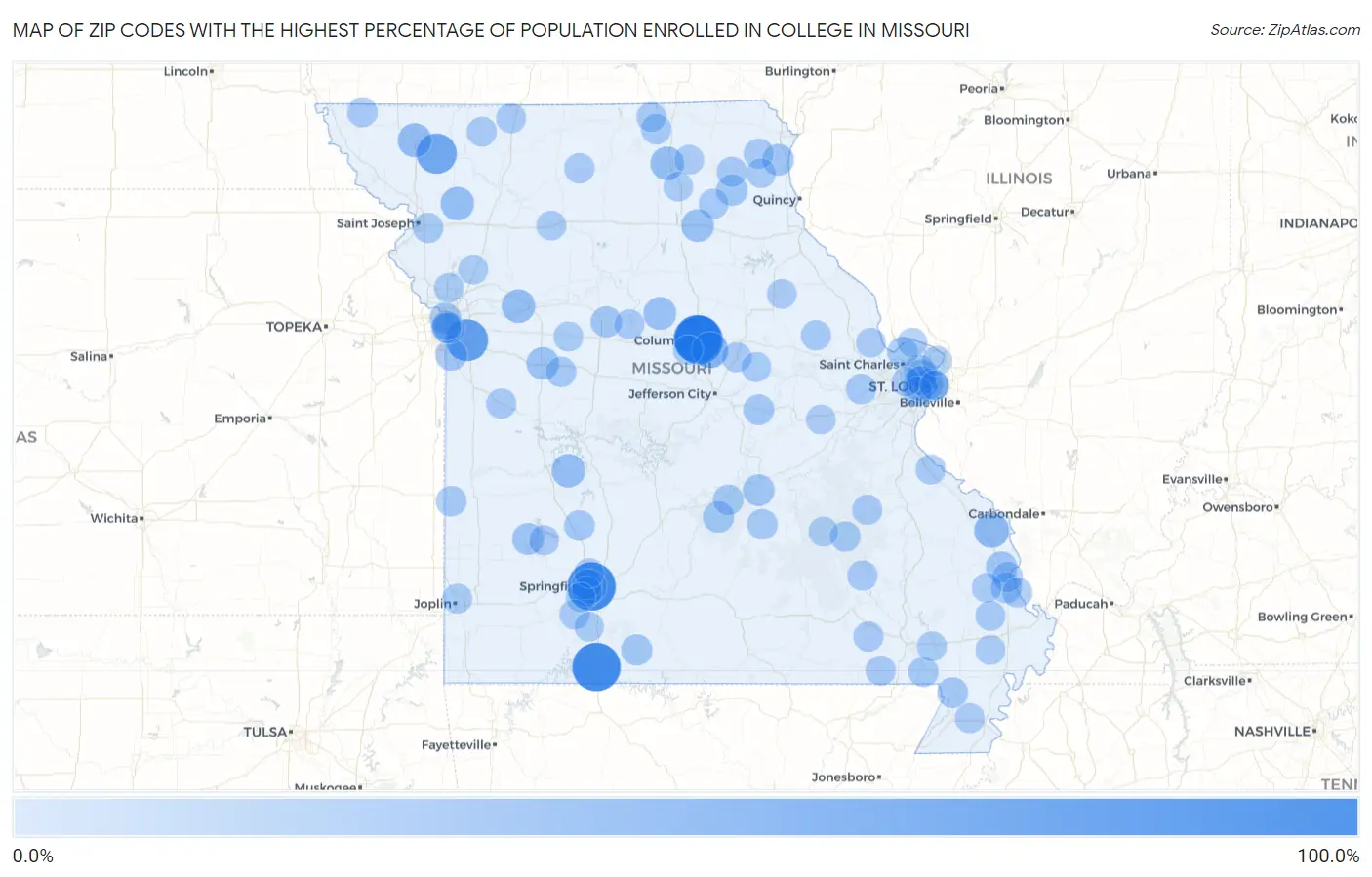 Zip Codes with the Highest Percentage of Population Enrolled in College in Missouri Map