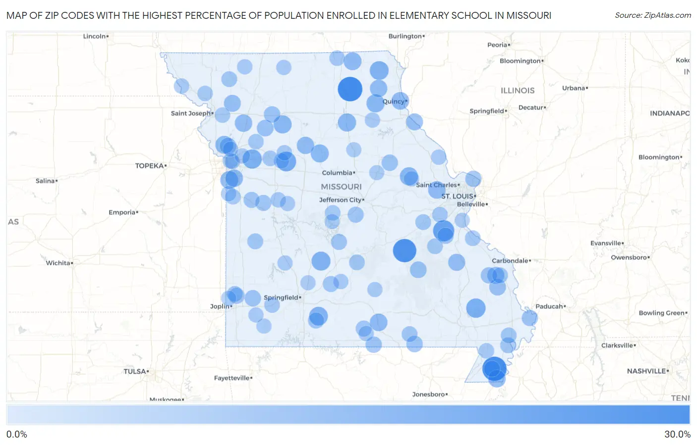 Zip Codes with the Highest Percentage of Population Enrolled in Elementary School in Missouri Map