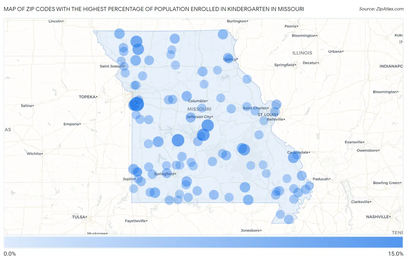 Zip Codes with the Highest Percentage of Population Enrolled in Kindergarten in Missouri Map