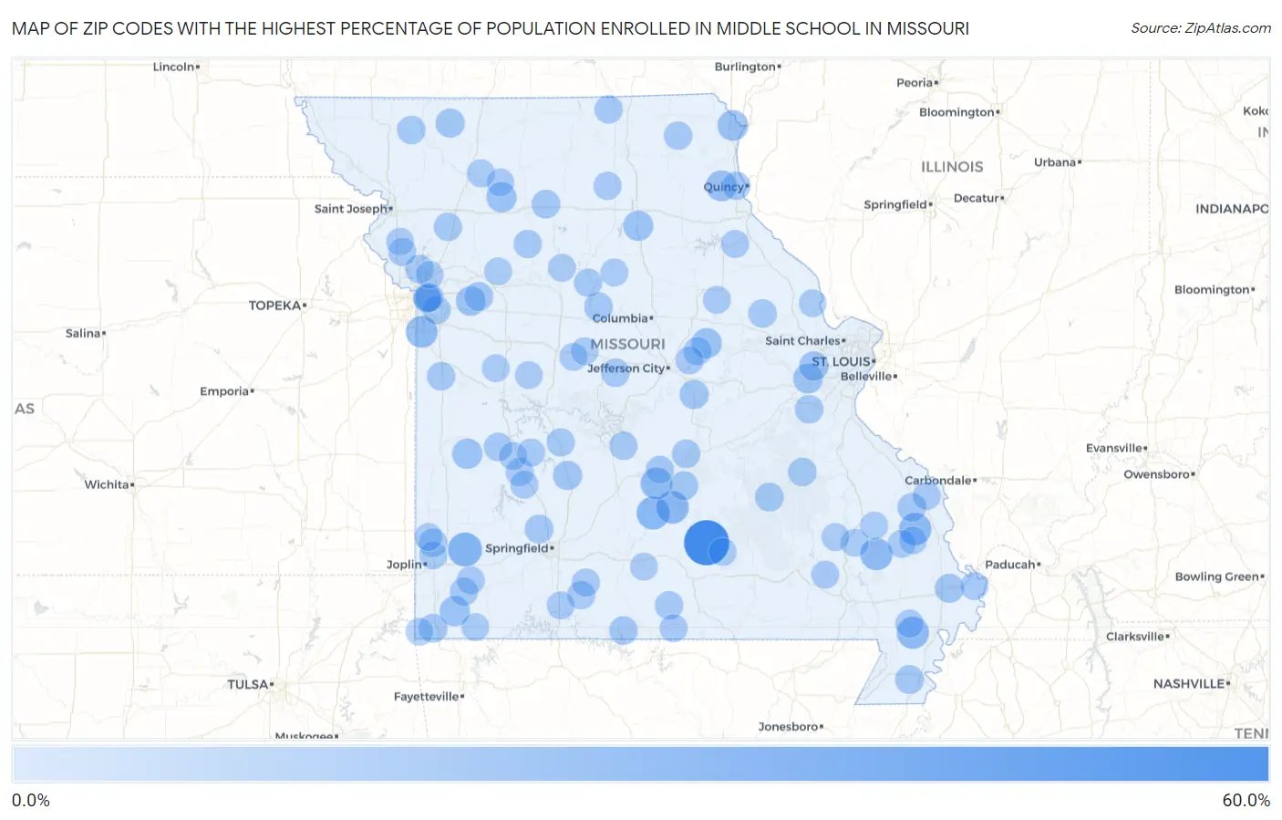 Zip Codes with the Highest Percentage of Population Enrolled in Middle School in Missouri Map
