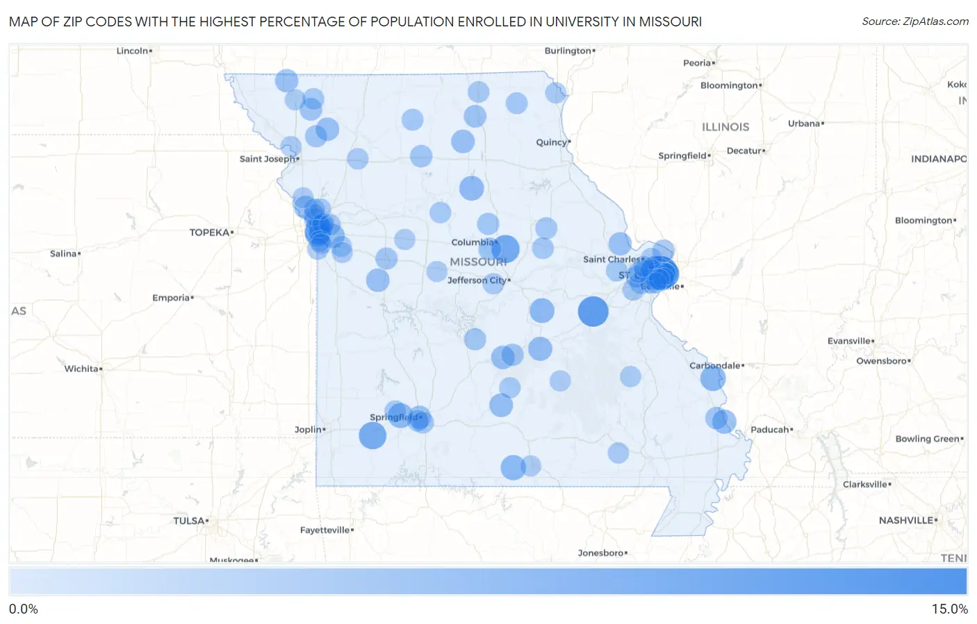 Zip Codes with the Highest Percentage of Population Enrolled in University in Missouri Map