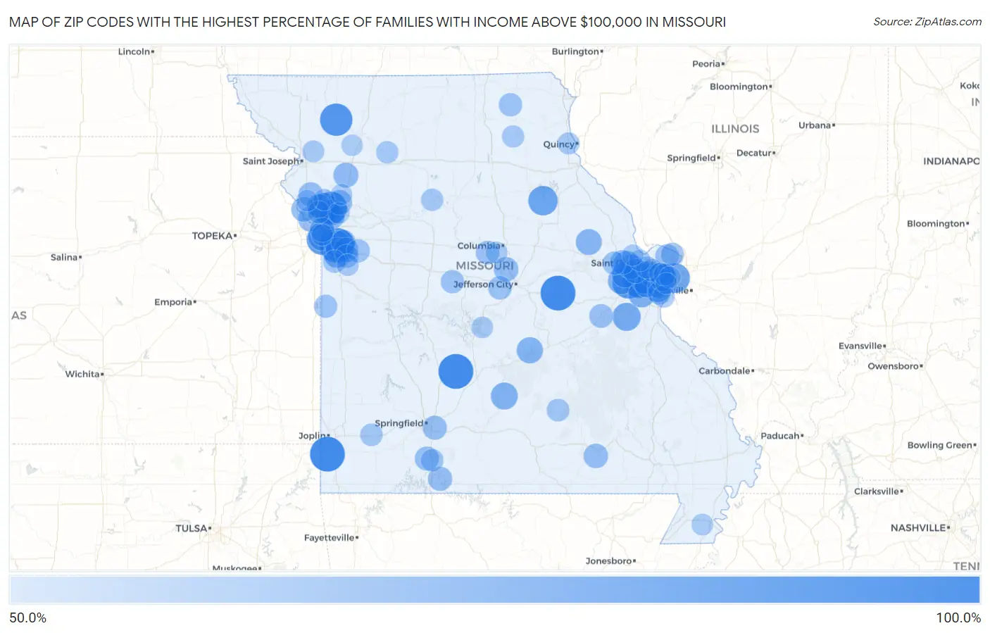 Zip Codes with the Highest Percentage of Families with Income Above $100,000 in Missouri Map