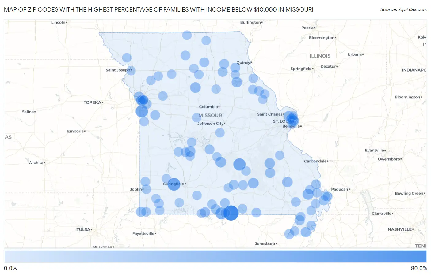 Zip Codes with the Highest Percentage of Families with Income Below $10,000 in Missouri Map