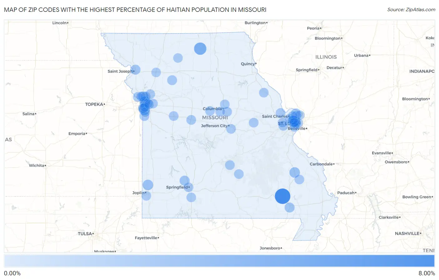 Zip Codes with the Highest Percentage of Haitian Population in Missouri Map
