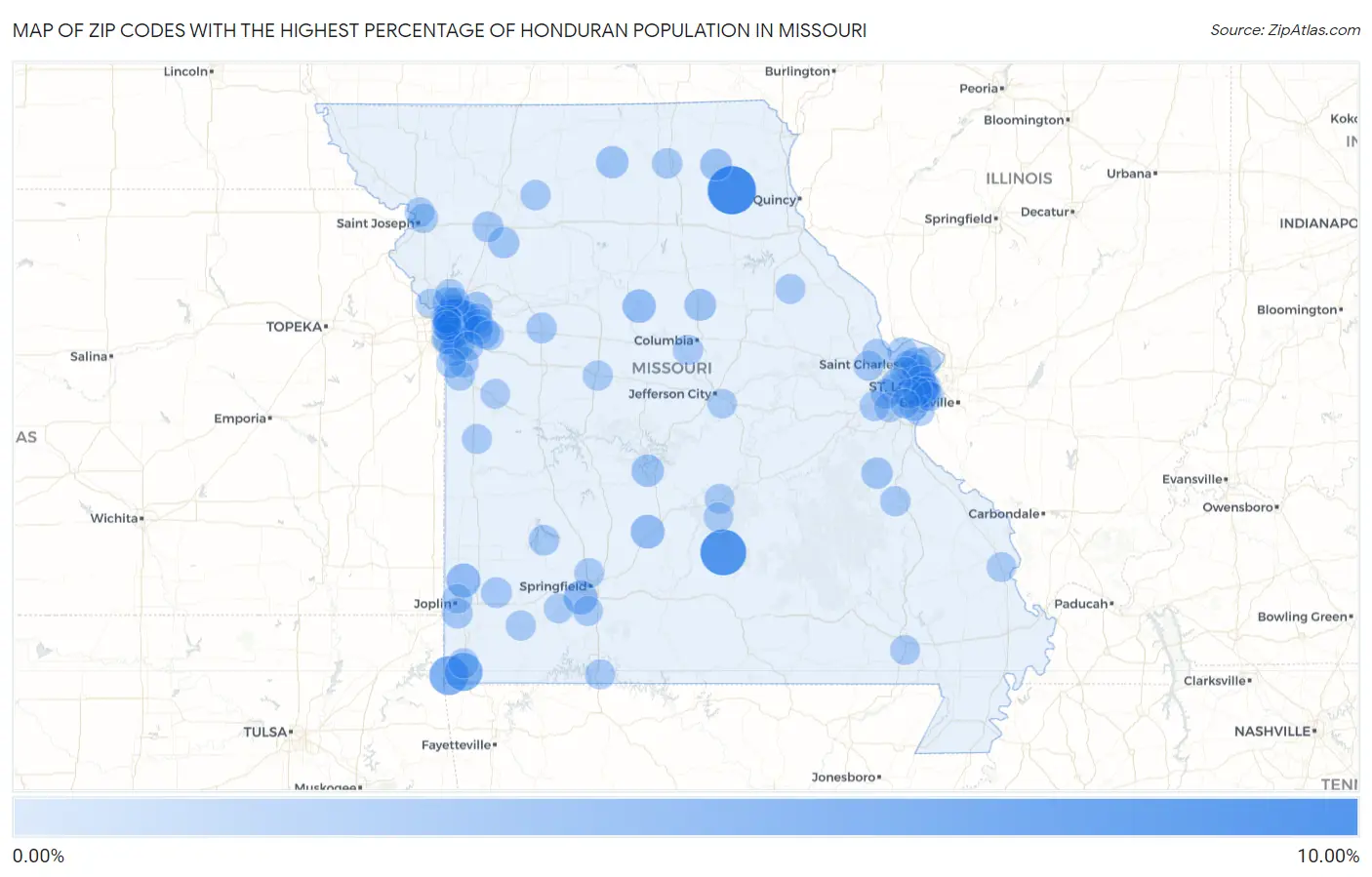 Zip Codes with the Highest Percentage of Honduran Population in Missouri Map