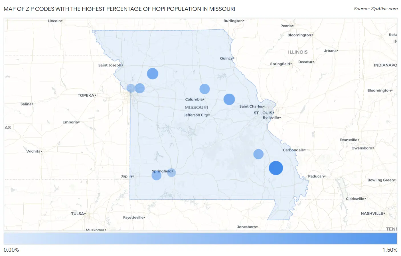 Zip Codes with the Highest Percentage of Hopi Population in Missouri Map