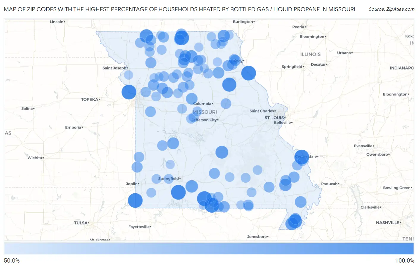 Zip Codes with the Highest Percentage of Households Heated by Bottled Gas / Liquid Propane in Missouri Map