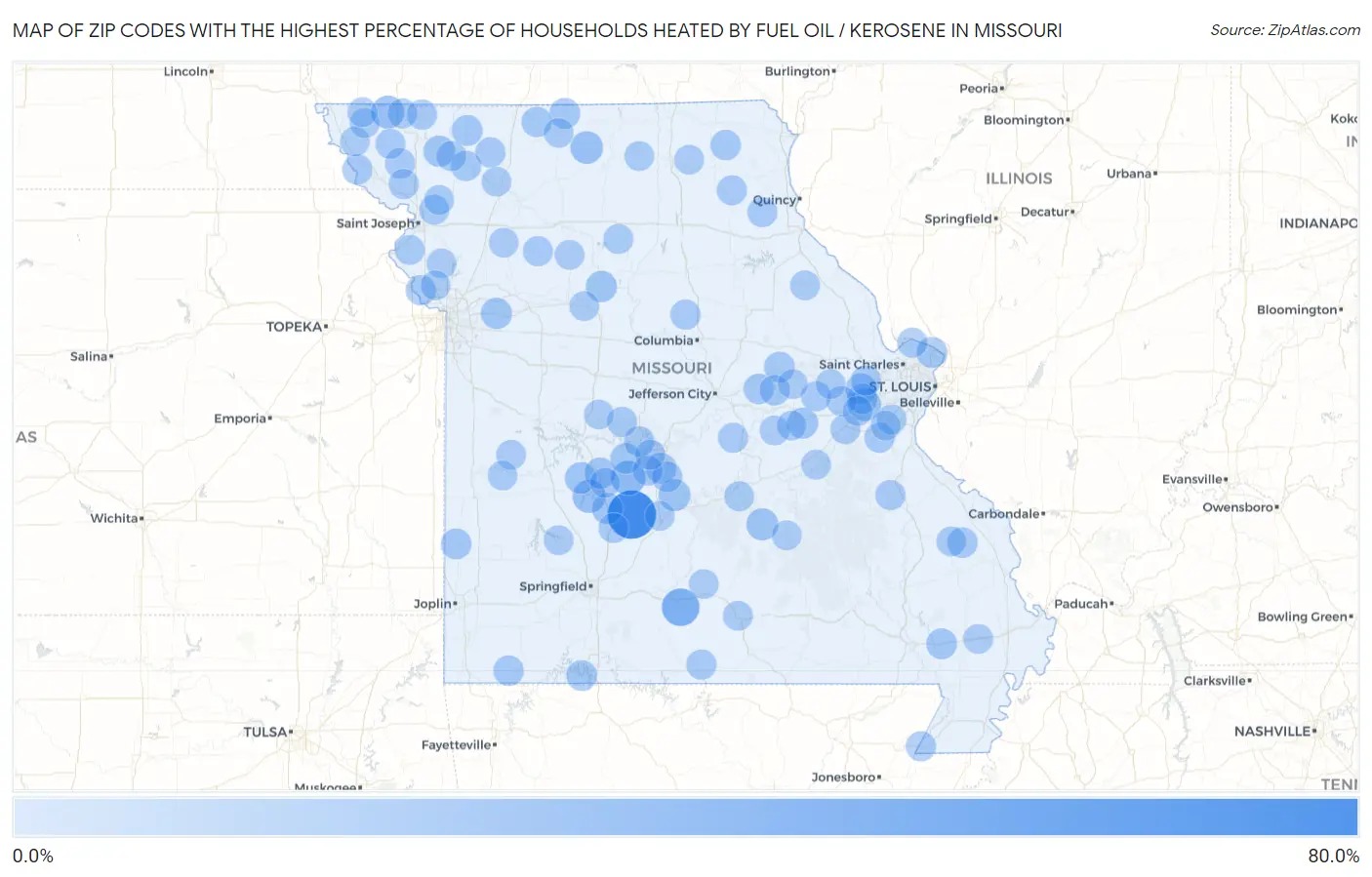 Zip Codes with the Highest Percentage of Households Heated by Fuel Oil / Kerosene in Missouri Map