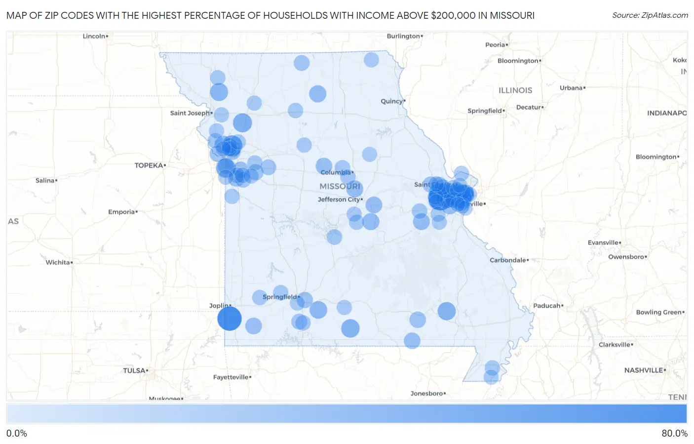 Zip Codes with the Highest Percentage of Households with Income Above $200,000 in Missouri Map