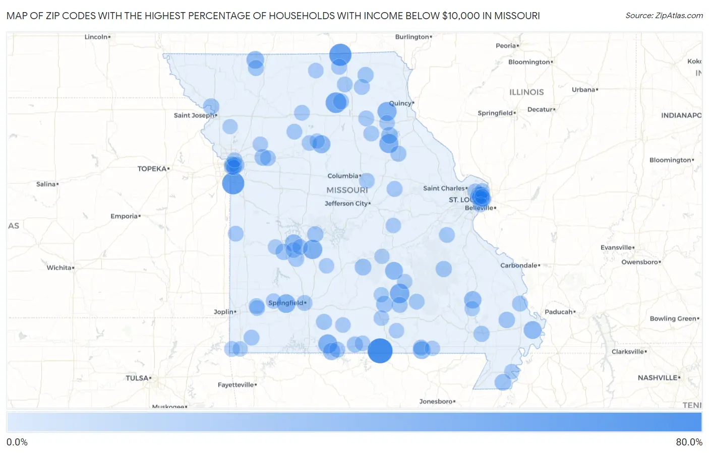 Zip Codes with the Highest Percentage of Households with Income Below $10,000 in Missouri Map