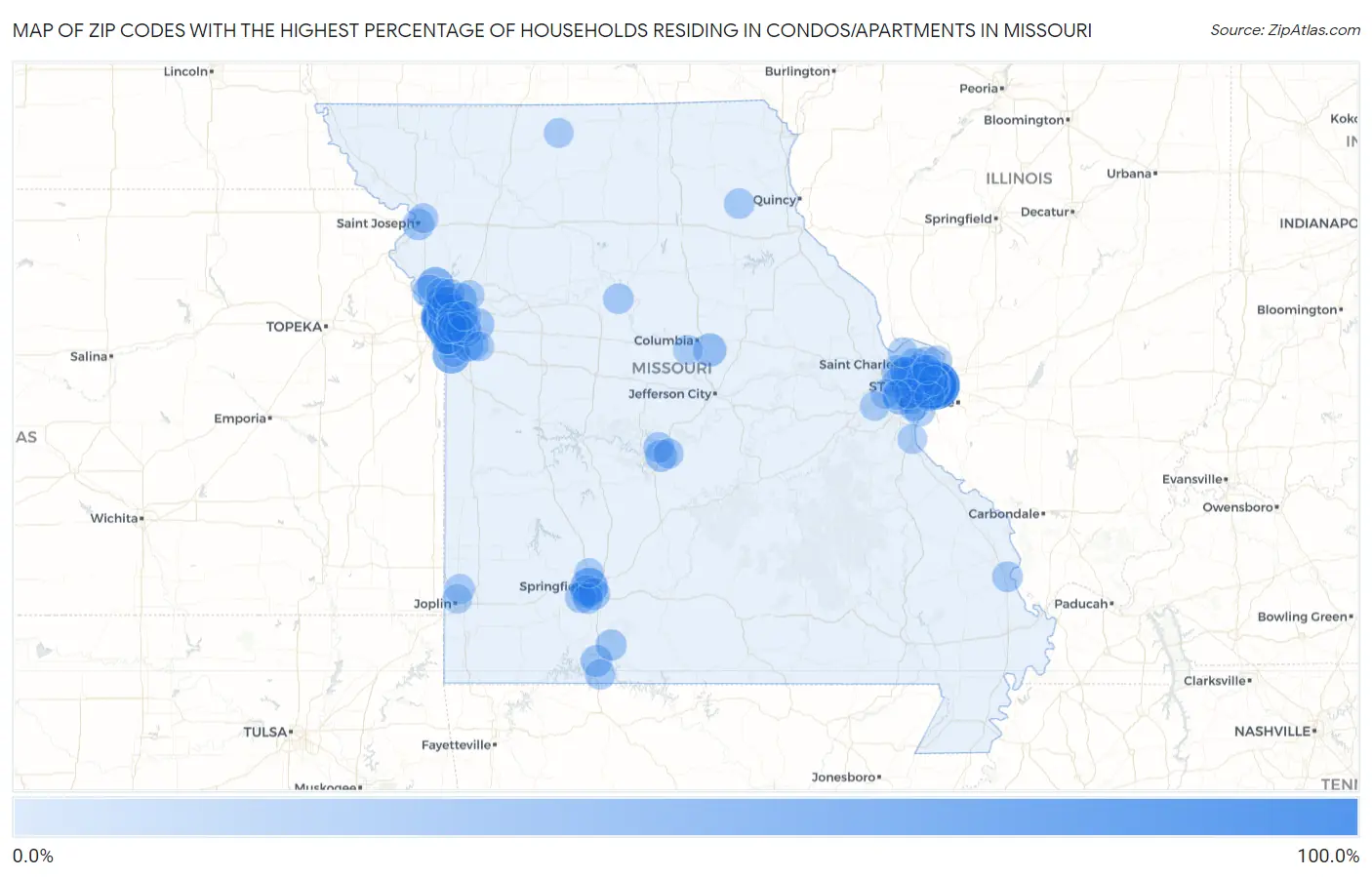 Zip Codes with the Highest Percentage of Households Residing in Condos/Apartments in Missouri Map