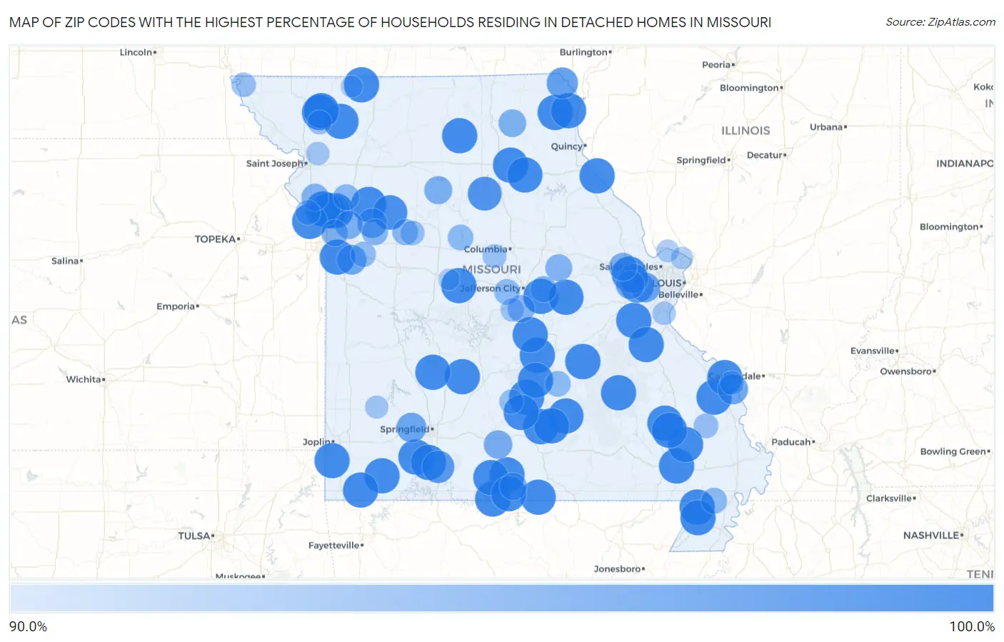 Zip Codes with the Highest Percentage of Households Residing in Detached Homes in Missouri Map