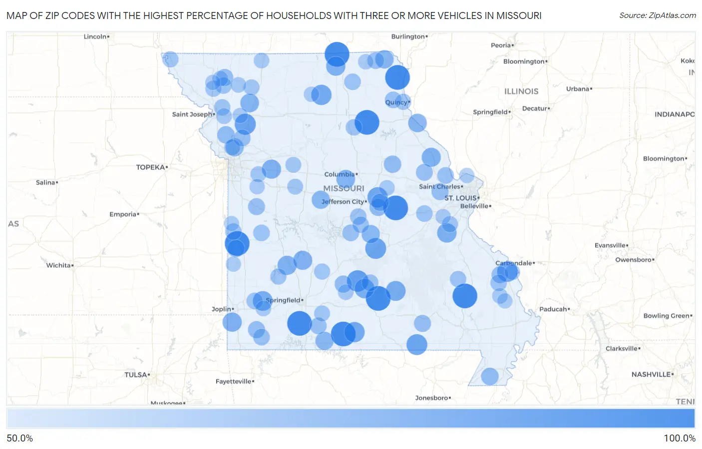 Zip Codes with the Highest Percentage of Households With Three or more Vehicles in Missouri Map