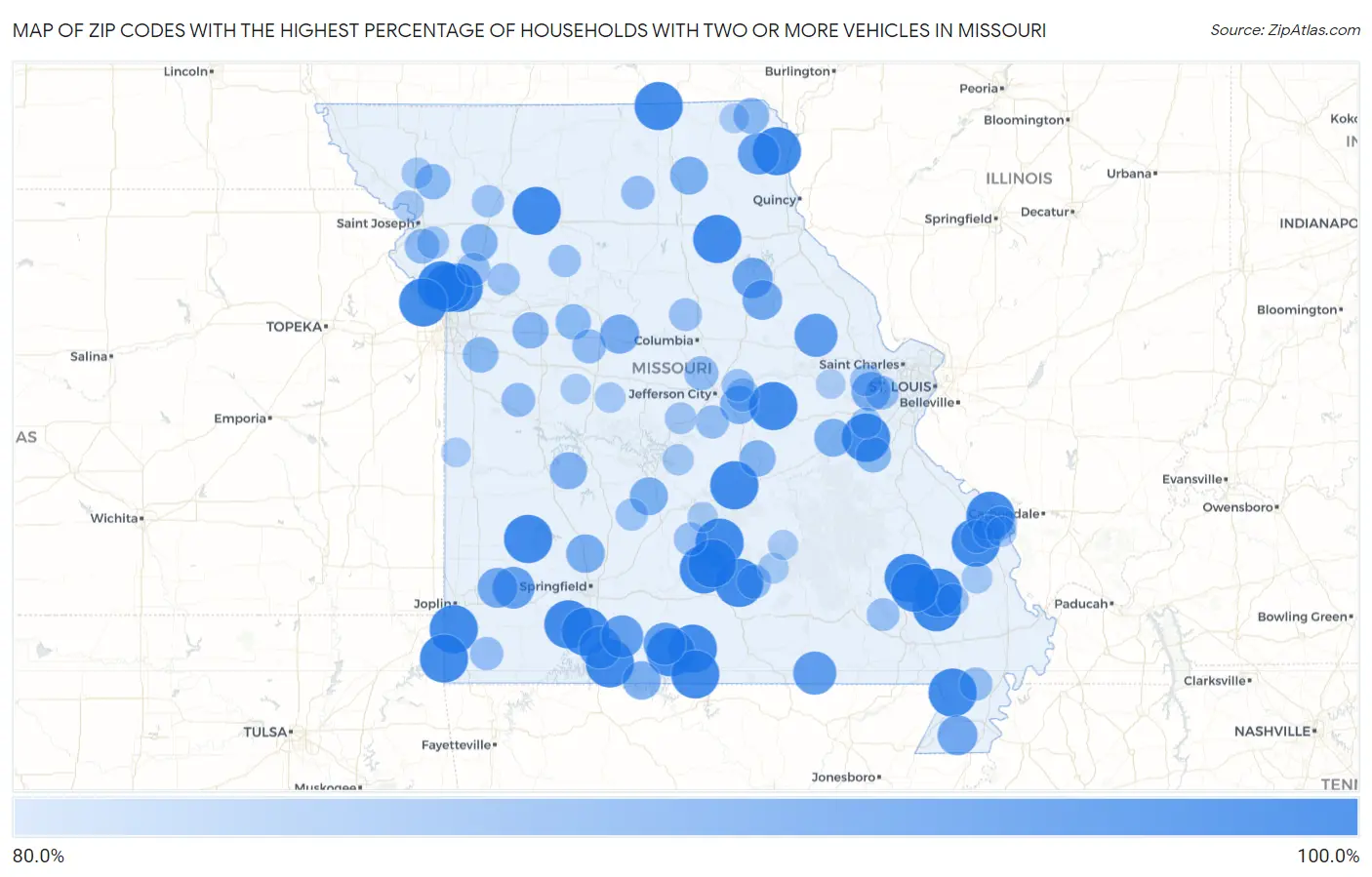 Zip Codes with the Highest Percentage of Households With Two or more Vehicles in Missouri Map