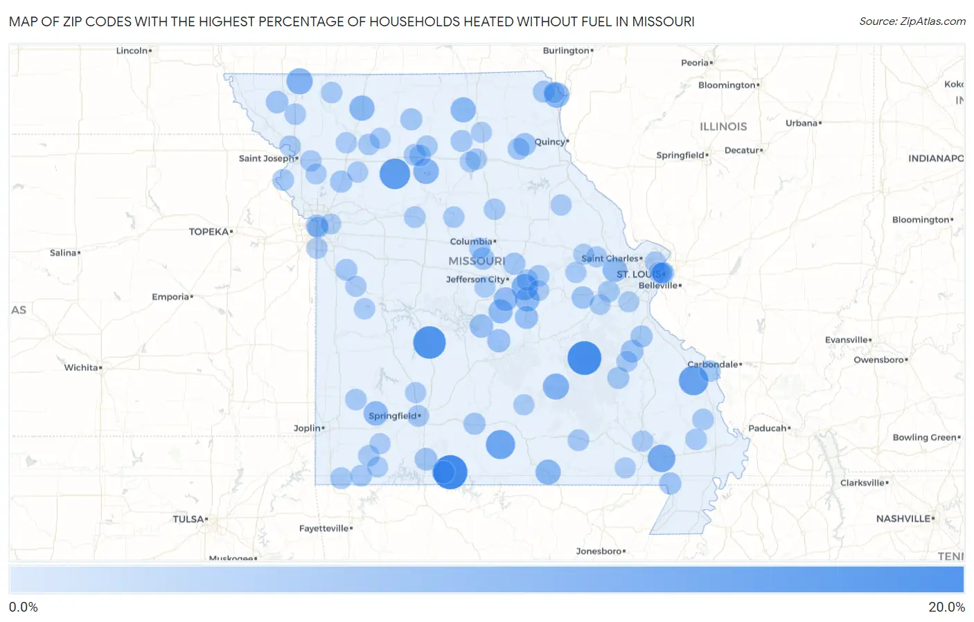 Zip Codes with the Highest Percentage of Households Heated without Fuel in Missouri Map