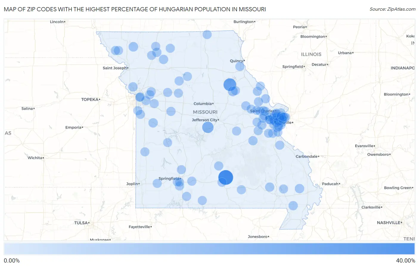 Zip Codes with the Highest Percentage of Hungarian Population in Missouri Map