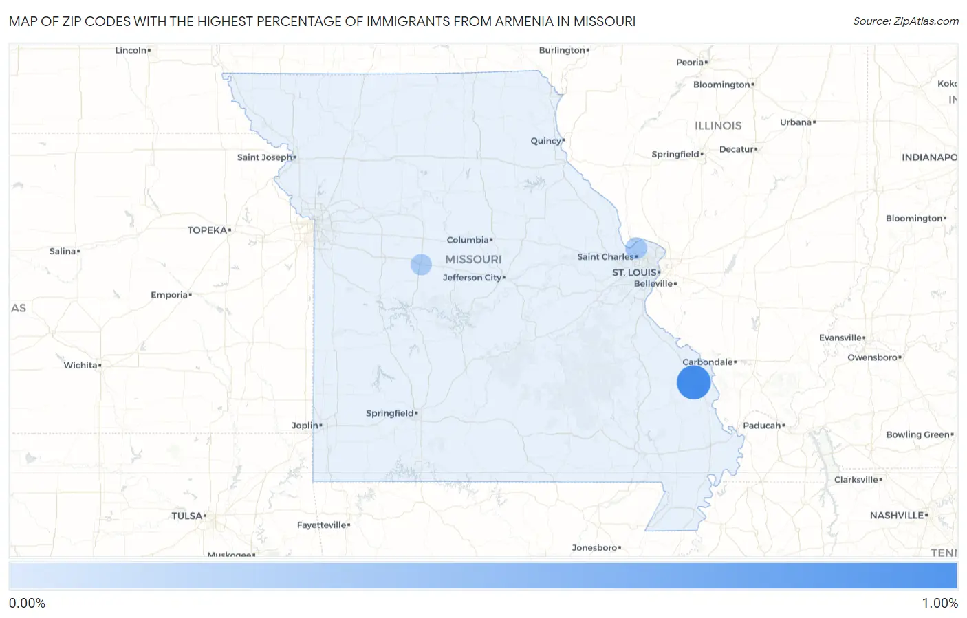 Zip Codes with the Highest Percentage of Immigrants from Armenia in Missouri Map